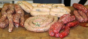 D'Angelo Bros. offer a variety of specialty homemade sausages. Above: Boudin Blanc (chicken with cream and mushrooms), veal and broccoli, wild boar, venison, and duck sausages.