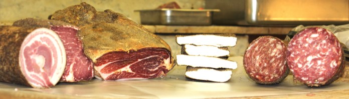 D'Angelo Bros.' pancetta, buffalo and wild boar prosciuttos, lardo, and wild boar salami. 