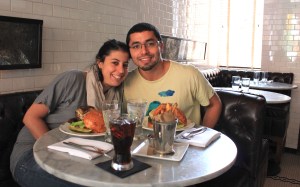 Daniel and Marian on vacation from Spain found the right spot for burgers. Marian had the Whiskey King, a burger with maple bourbon-glazed cipollini onions, Rogue bleu cheese, applewood bacon, and foie gras. Be aware: this burger costs $26.00. Trivarelli, TGG.